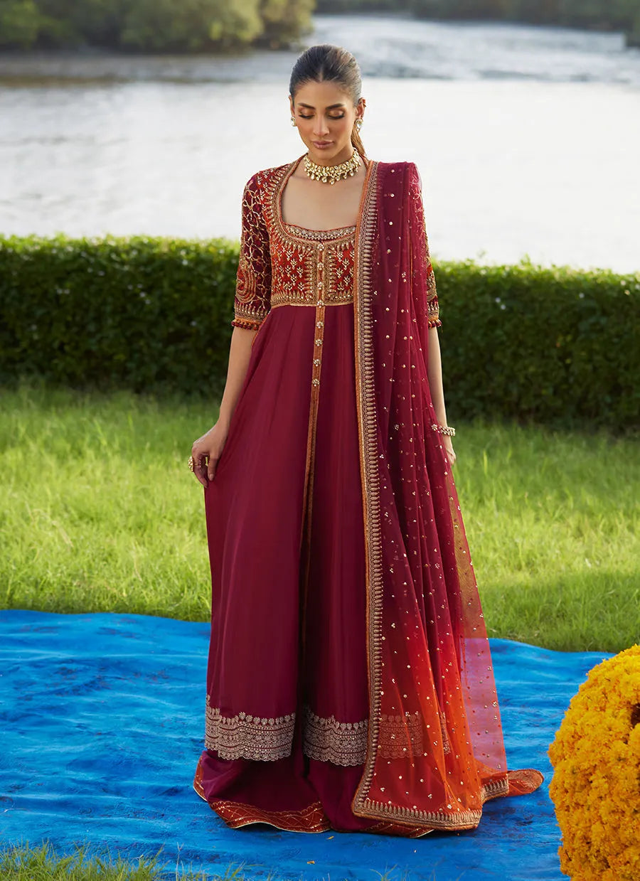 Farah Talib Aziz Mayna Festive Luxe Pret '25 - Anarq Crimson Kalidaar And Dupatta
