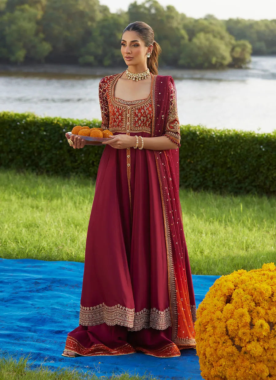 Farah Talib Aziz Mayna Festive Luxe Pret '25 - Anarq Crimson Kalidaar And Dupatta