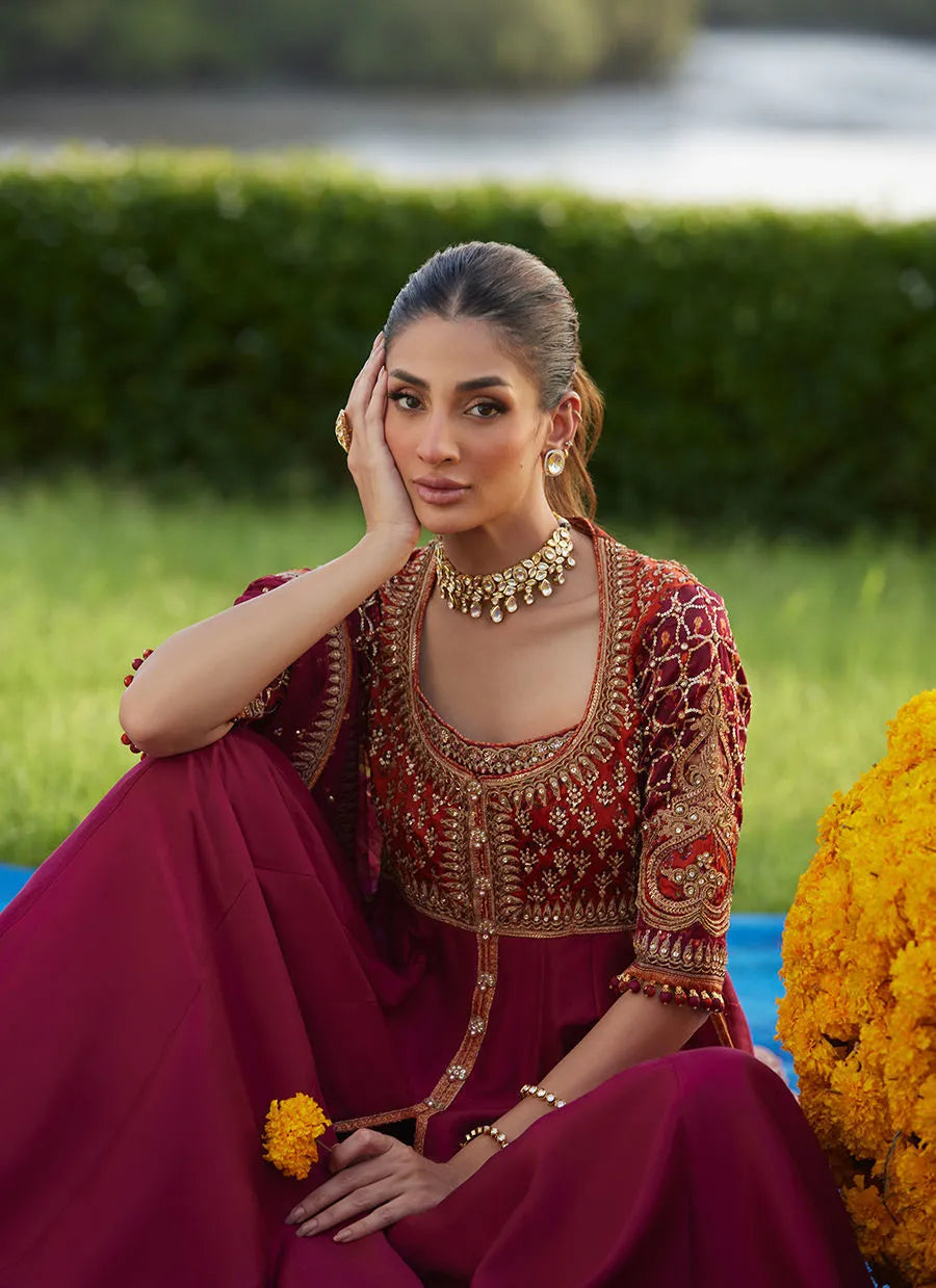 Farah Talib Aziz Mayna Festive Luxe Pret '25 - Anarq Crimson Kalidaar And Dupatta