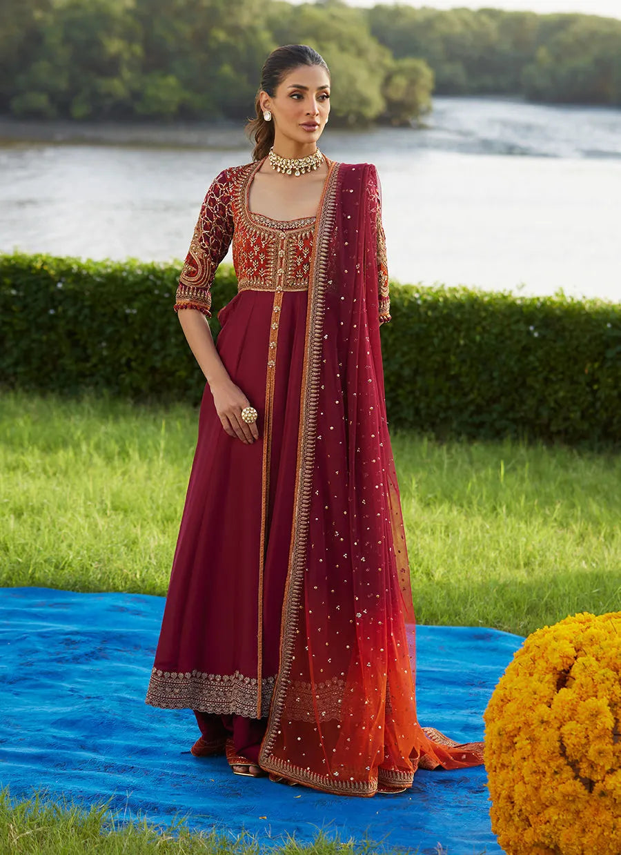 Farah Talib Aziz Mayna Festive Luxe Pret '25 - Anarq Crimson Kalidaar And Dupatta