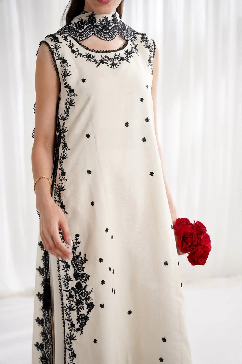 IVORY & BLACK LUXURY EMBROIDERED 3PCS SET NPA3-25422 (EID 2025 READY TO WEAR) | Zaib (RTS)