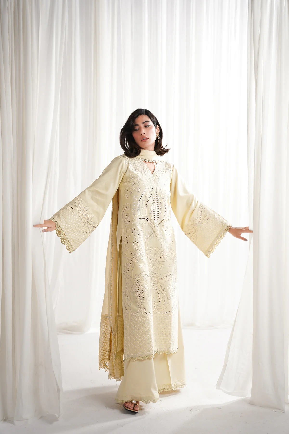 Zaib SS Eid Pret '25- BUTTER YELLOW LUXURY EMBROIDERED 3PCS SET NPA3-25420