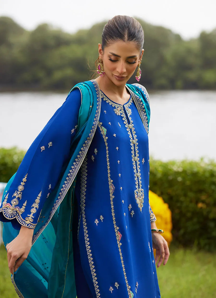 Farah Talib Aziz Mayna Festive Luxe Pret '25 - Opal Blue Shirt And Dupatta