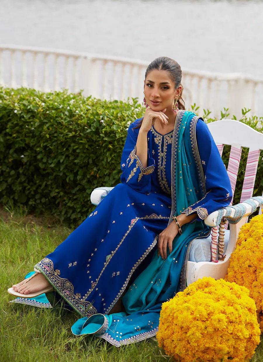 Farah Talib Aziz Mayna Festive Luxe Pret '25 - Opal Blue Shirt And Dupatta