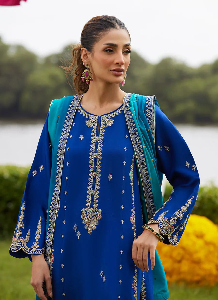 Farah Talib Aziz Mayna Festive Luxe Pret '25 - Opal Blue Shirt And Dupatta