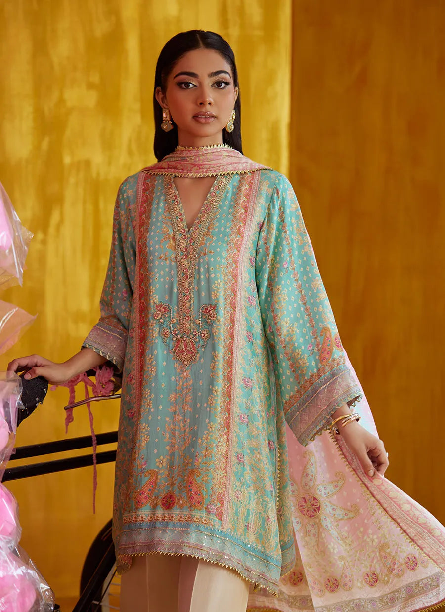 Farah Talib Aziz Mayna Festive Prints '25 - Juni Aqua Shirt And Dupatta