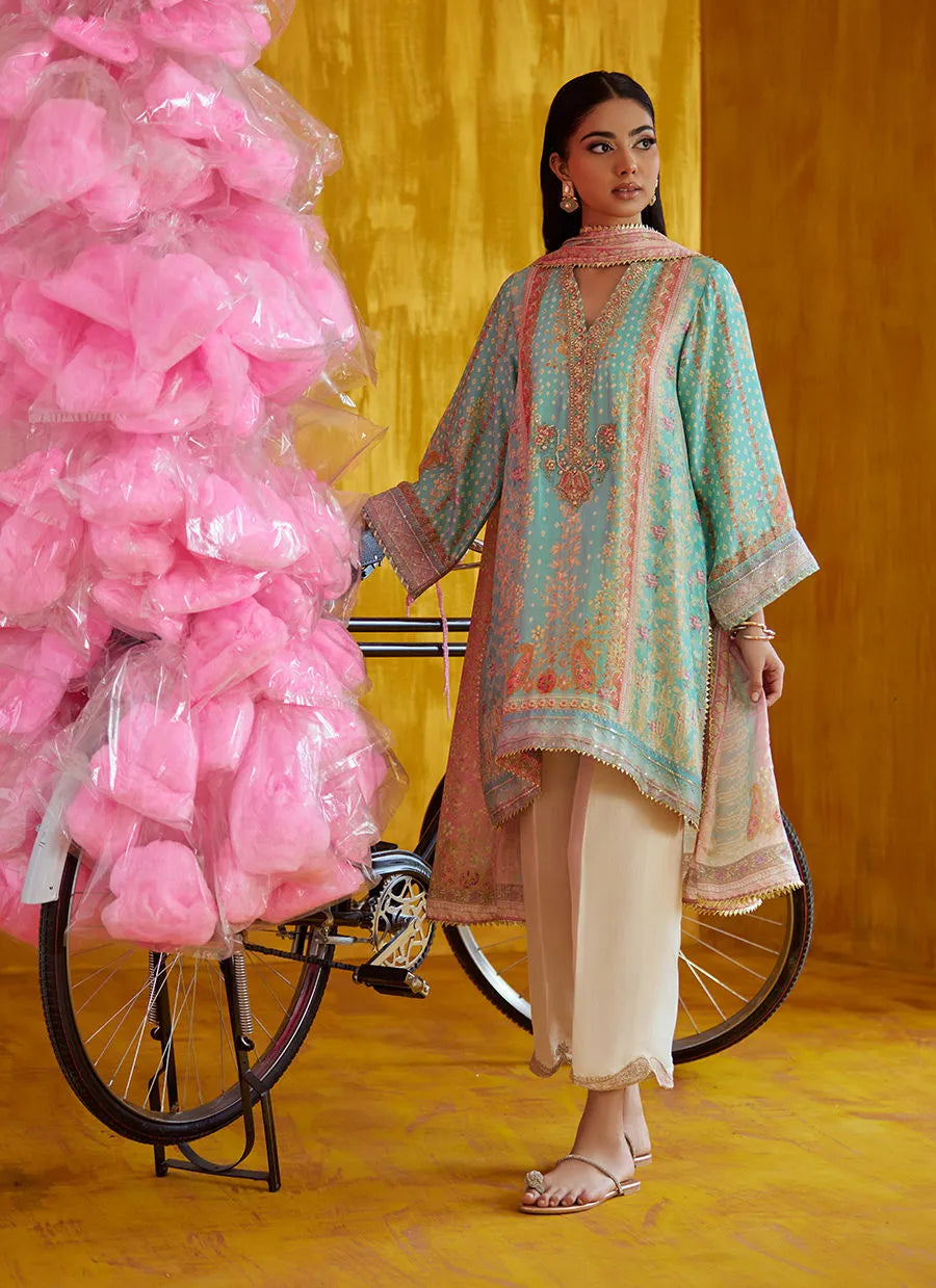 Farah Talib Aziz Mayna Festive Prints '25 - Juni Aqua Shirt And Dupatta