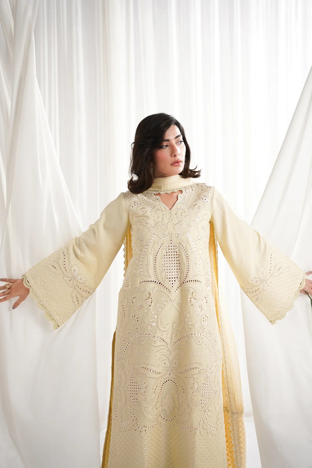 Zaib SS Eid Pret '25- BUTTER YELLOW LUXURY EMBROIDERED 3PCS SET NPA3-25420