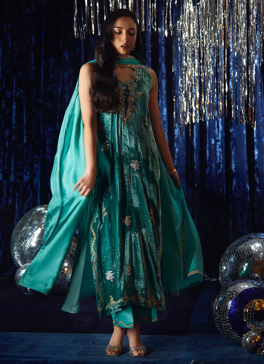 Farah Talib Aziz Velvet Fete '25 - Ansy Aqua Shirt And Dupatta