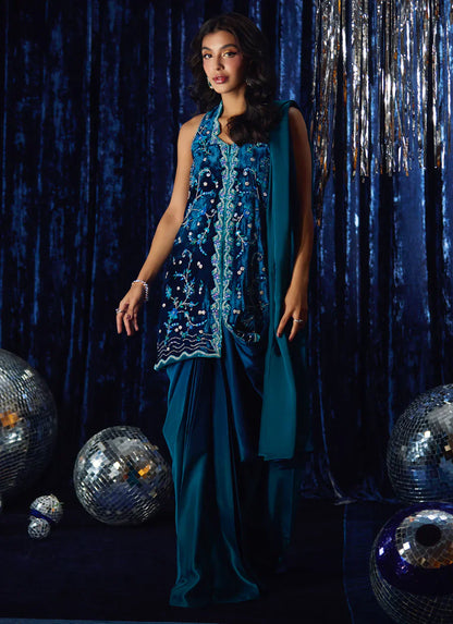 Farah Talib Aziz Velvet Fete '25 - Pri Prussian Blue Saari Jacket