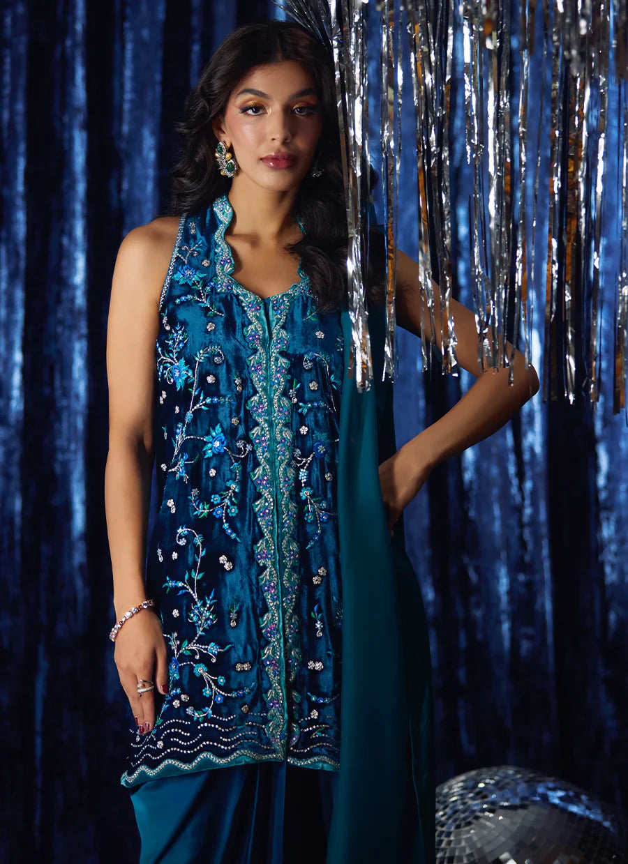 Farah Talib Aziz Velvet Fete '25 - Pri Prussian Blue Saari Jacket