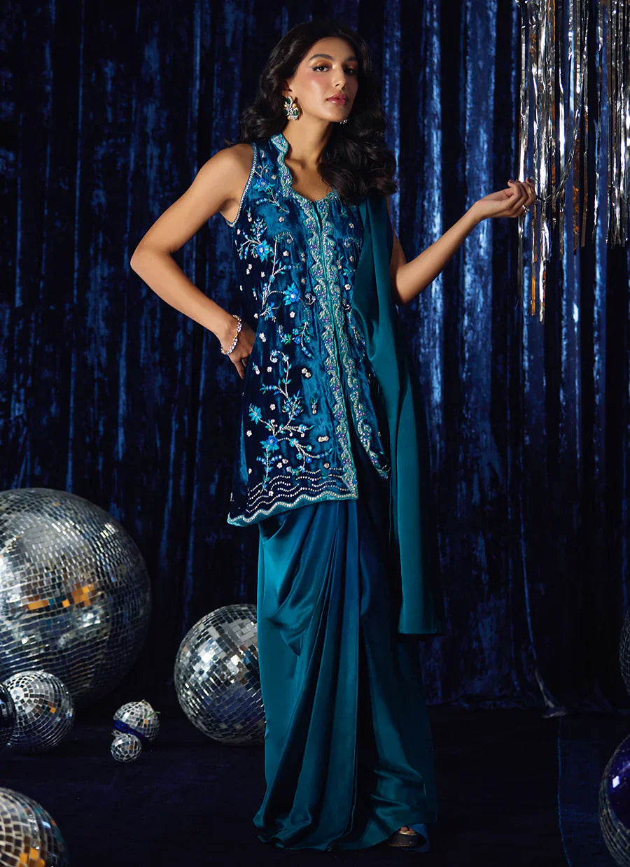 Farah Talib Aziz Velvet Fete '25 - Pri Prussian Blue Saari Jacket