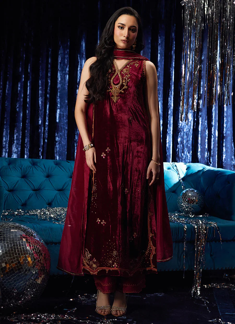Farah Talib Aziz Velvet Fete '25 - Arden Garnet Shirt And Dupatta
