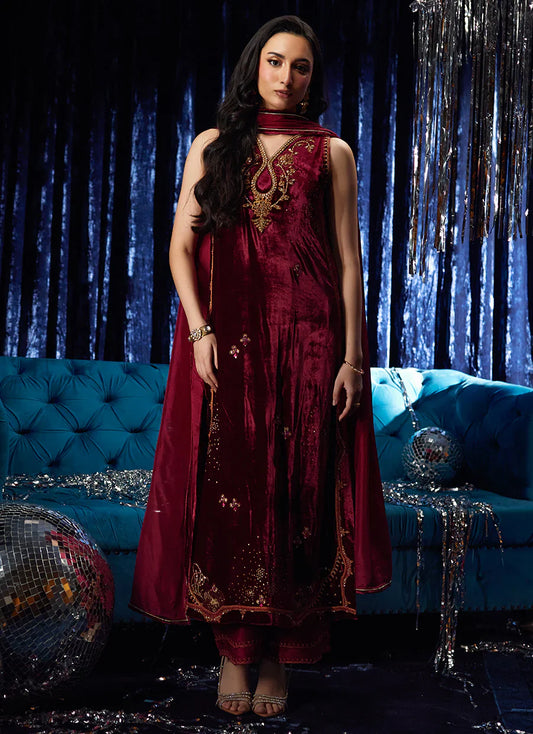 Farah Talib Aziz Velvet Fete '25 - Arden Garnet Shirt And Dupatta
