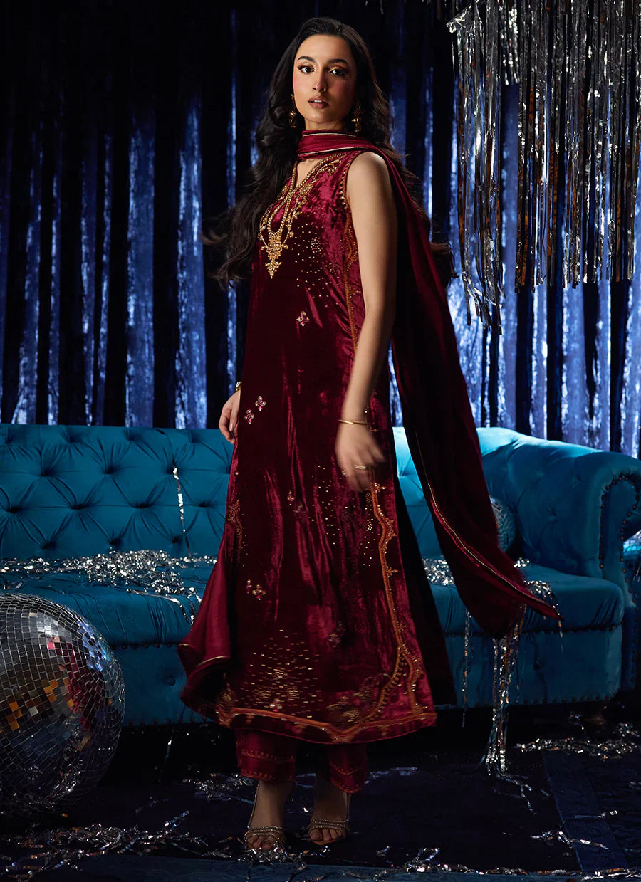 Farah Talib Aziz Velvet Fete '25 - Arden Garnet Shirt And Dupatta