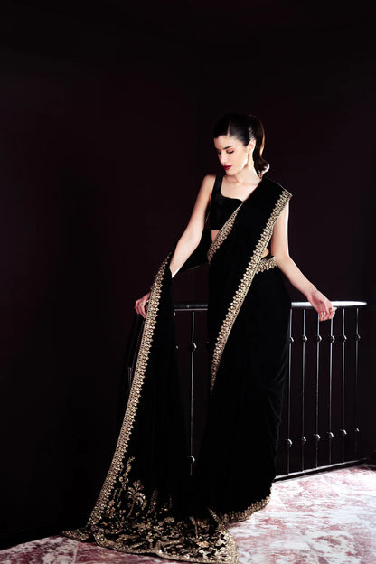 BLACK LUXURY VELVET SAREE (NPA3-25462) | ZAIB