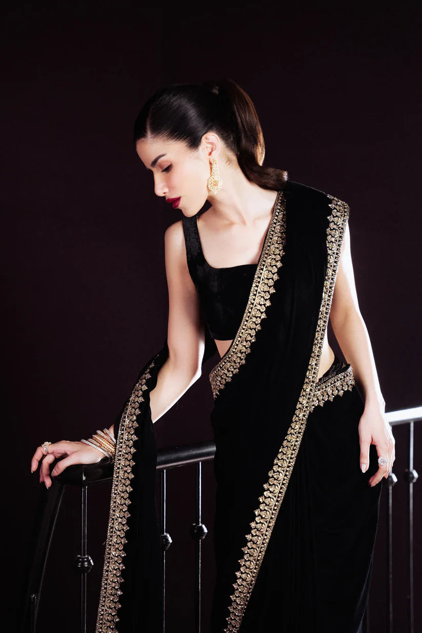 BLACK LUXURY VELVET SAREE (NPA3-25462) | ZAIB