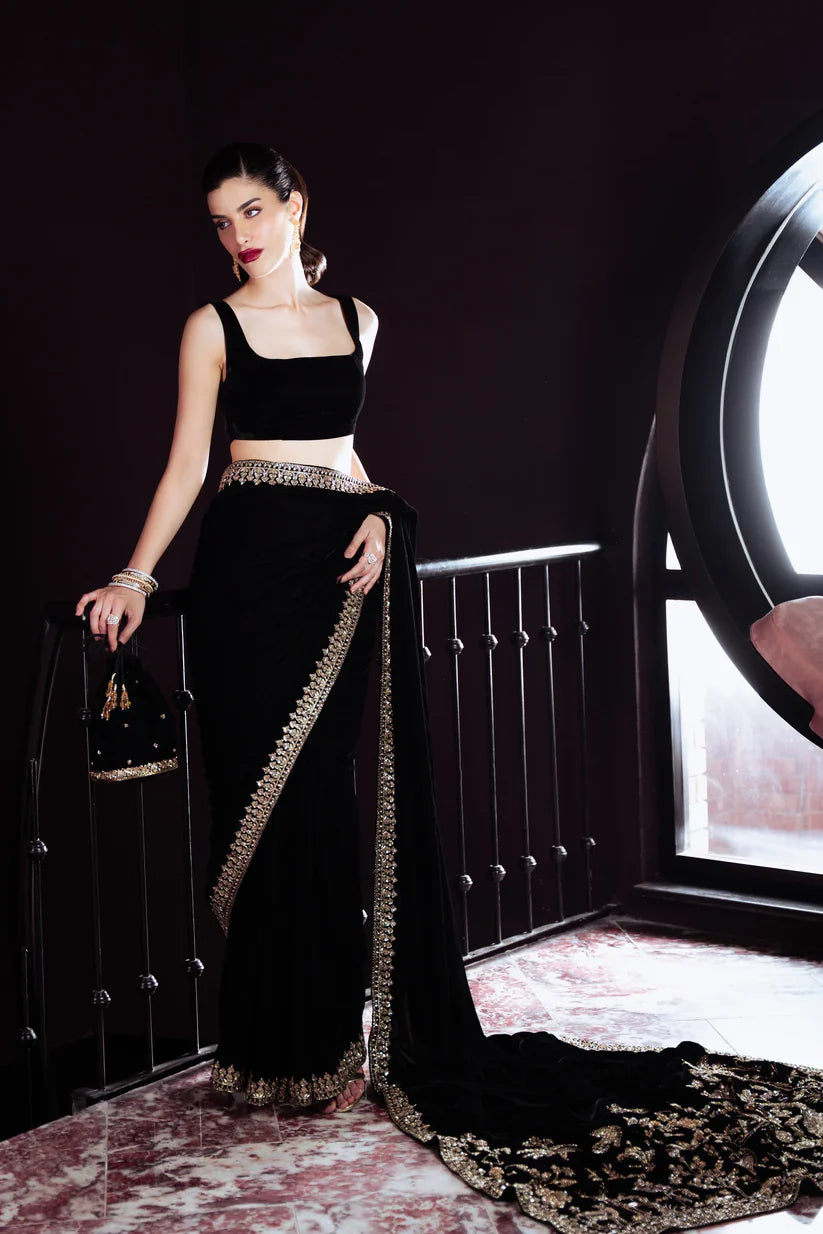 BLACK LUXURY VELVET SAREE (NPA3-25462) | ZAIB