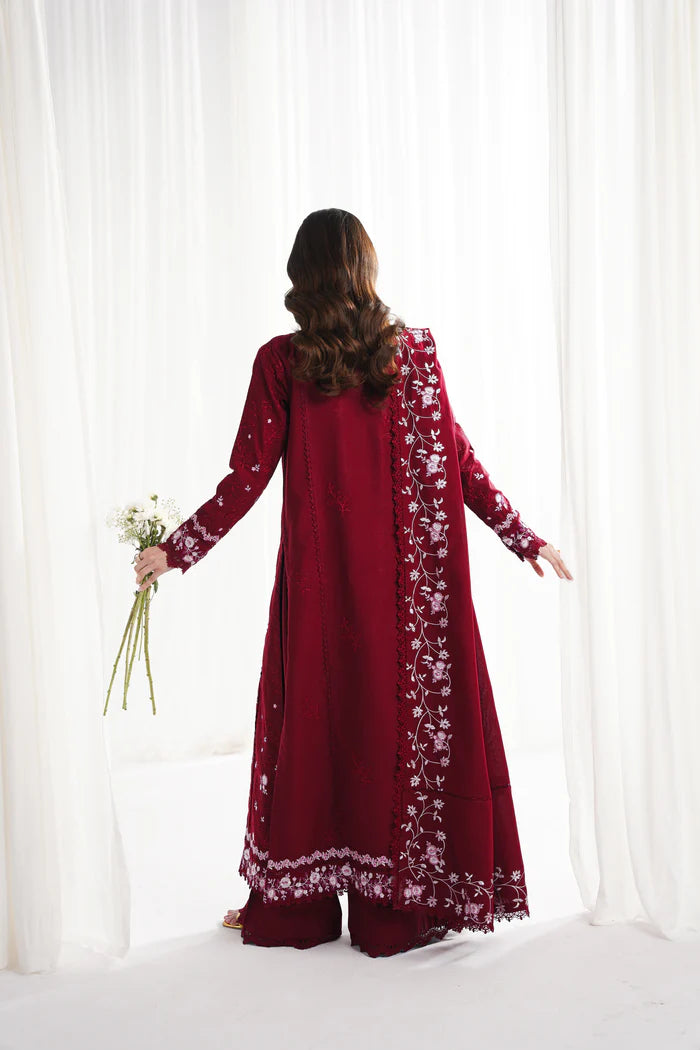 Zaib SS Eid Pret '25- RICH DEEP MAROON LUXURY EMBROIDERED 3PCS SET NPA3-25416