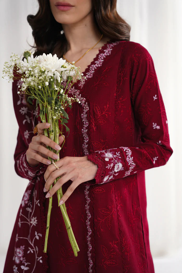 Zaib SS Eid Pret '25- RICH DEEP MAROON LUXURY EMBROIDERED 3PCS SET NPA3-25416