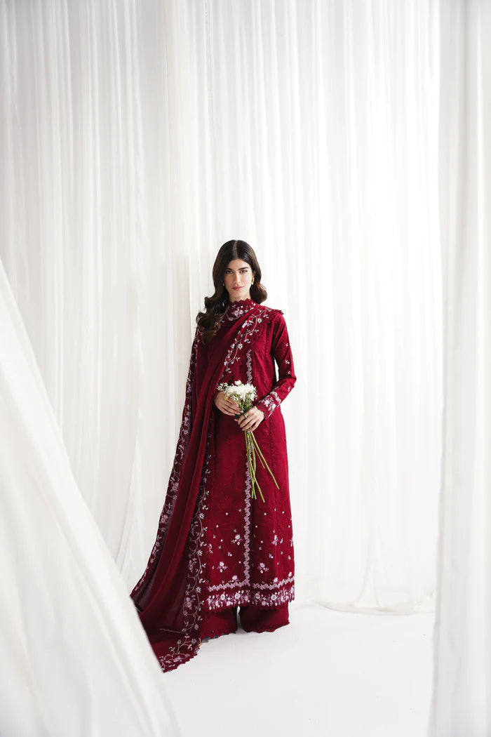 Zaib SS Eid Pret '25- RICH DEEP MAROON LUXURY EMBROIDERED 3PCS SET NPA3-25416