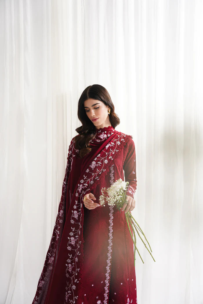 Zaib SS Eid Pret '25- RICH DEEP MAROON LUXURY EMBROIDERED 3PCS SET NPA3-25416