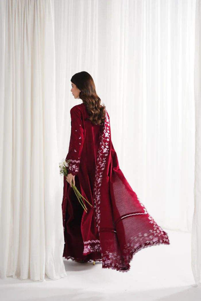 Zaib SS Eid Pret '25- RICH DEEP MAROON LUXURY EMBROIDERED 3PCS SET NPA3-25416