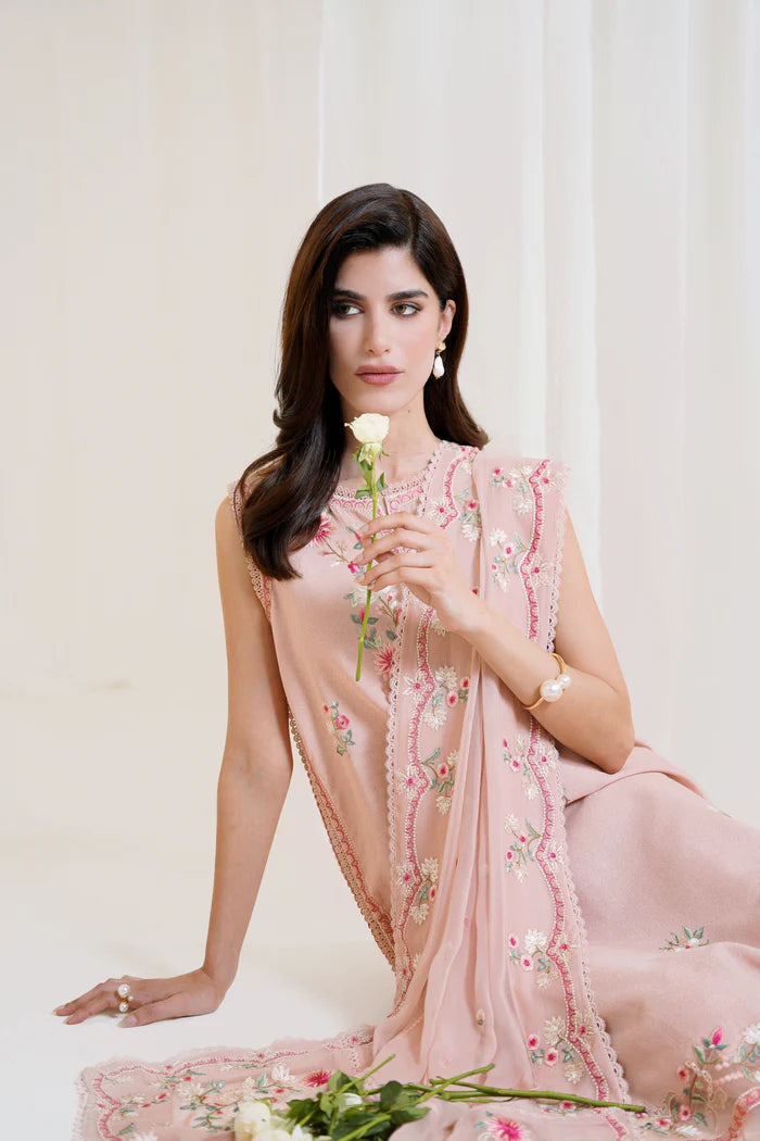 Zaib SS Eid Pret '25- PEACHY PINK LUXURY EMBROIDERED 3PCS SET NPA3-25423