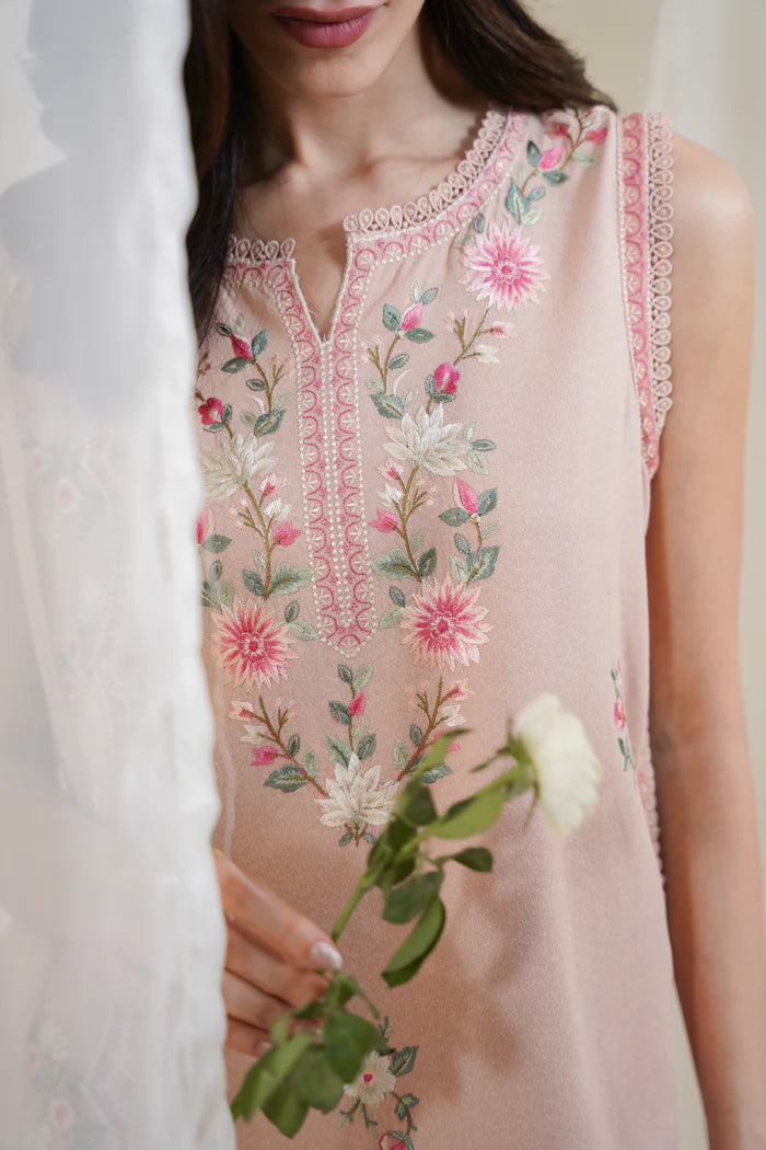 Zaib SS Eid Pret '25- PEACHY PINK LUXURY EMBROIDERED 3PCS SET NPA3-25423