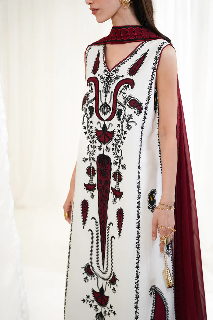 Zaib SS Eid Pret '25- WHITE-MAROON LUXURY EMBROIDERED 3PCS SET NPA3-25426