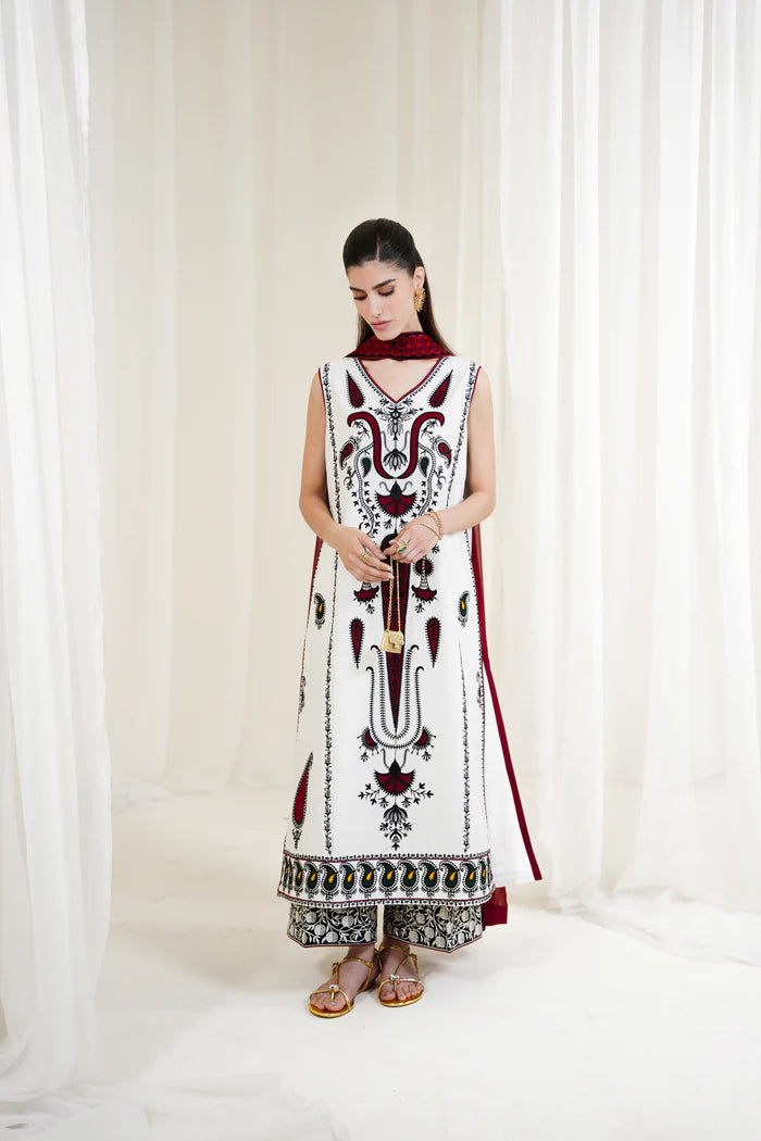 Zaib SS Eid Pret '25- WHITE-MAROON LUXURY EMBROIDERED 3PCS SET NPA3-25426