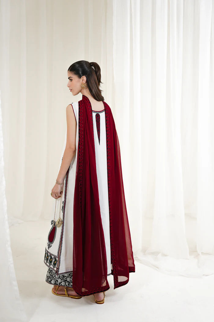 Zaib SS Eid Pret '25- WHITE-MAROON LUXURY EMBROIDERED 3PCS SET NPA3-25426