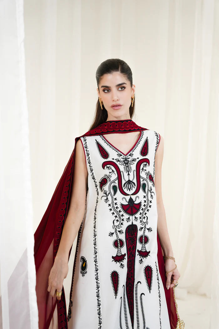 Zaib SS Eid Pret '25- WHITE-MAROON LUXURY EMBROIDERED 3PCS SET NPA3-25426