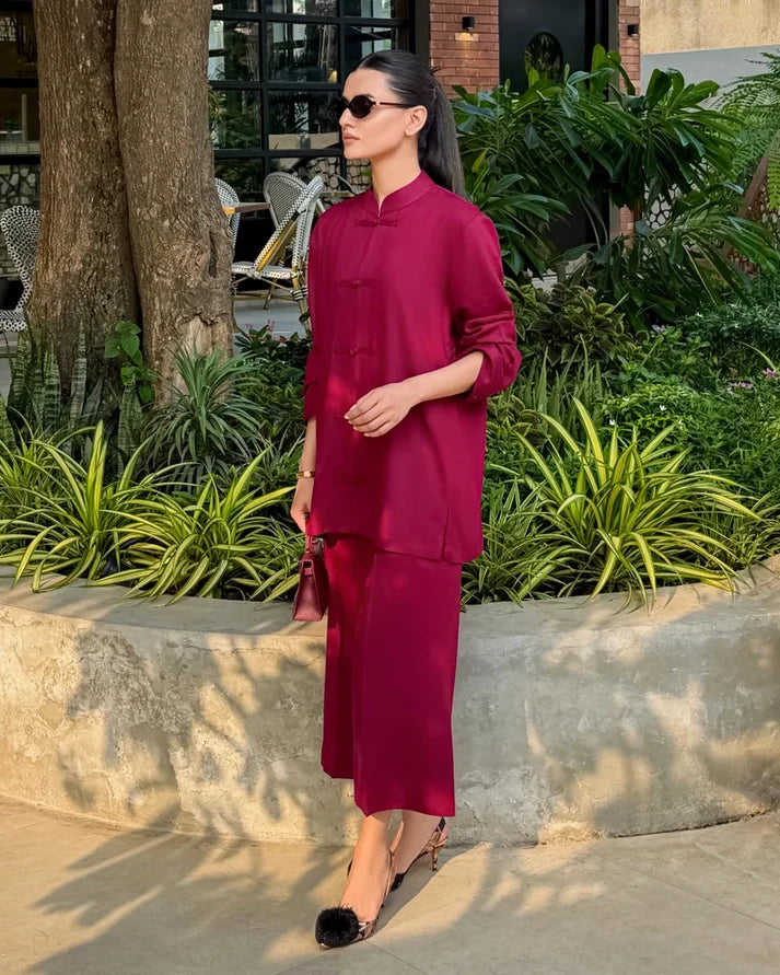 Burgundy Mandarin Collared Set | New Arrivals | LIRA