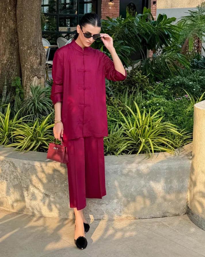 Burgundy Mandarin Collared Set | New Arrivals | LIRA
