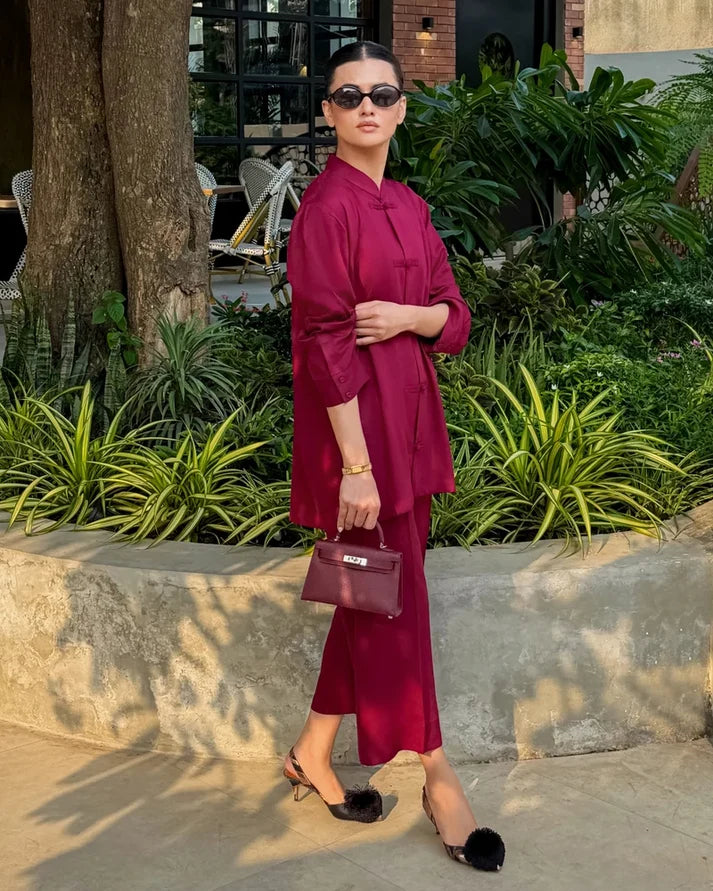 Burgundy Mandarin Collared Set | New Arrivals | LIRA