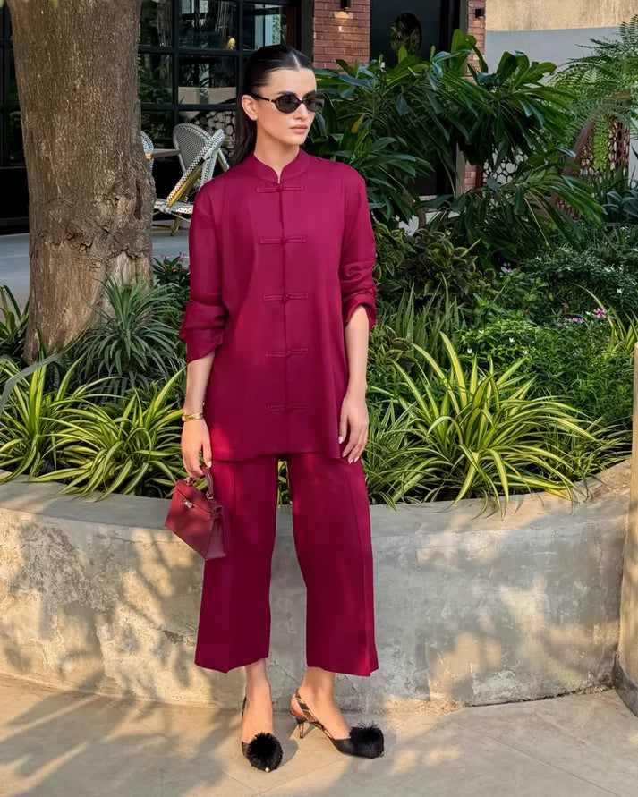 Burgundy Mandarin Collared Set | New Arrivals | LIRA