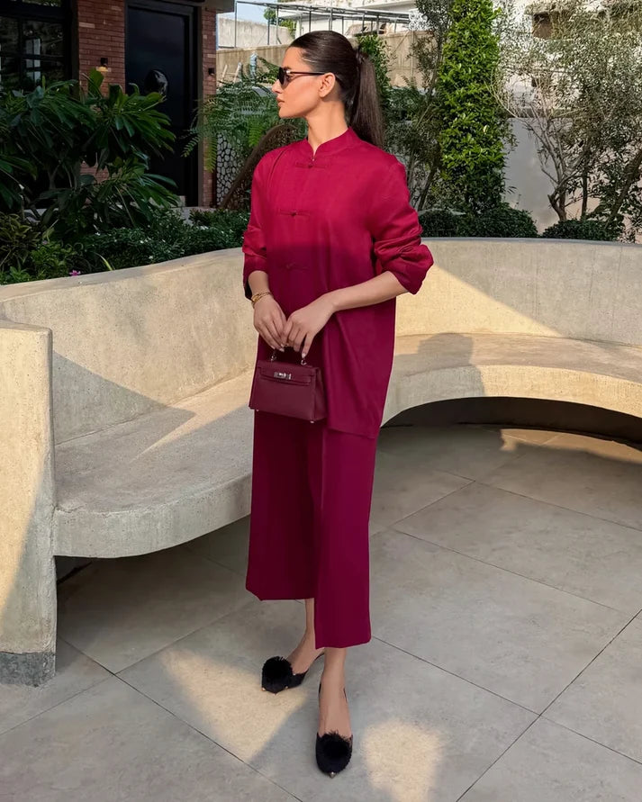 Burgundy Mandarin Collared Set | New Arrivals | LIRA