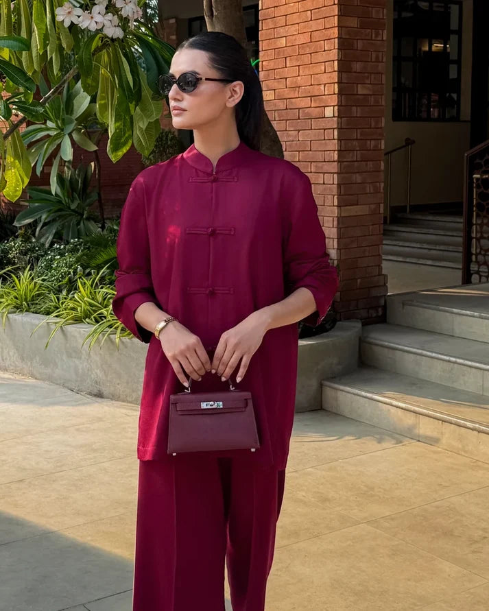 Burgundy Mandarin Collared Set | New Arrivals | LIRA