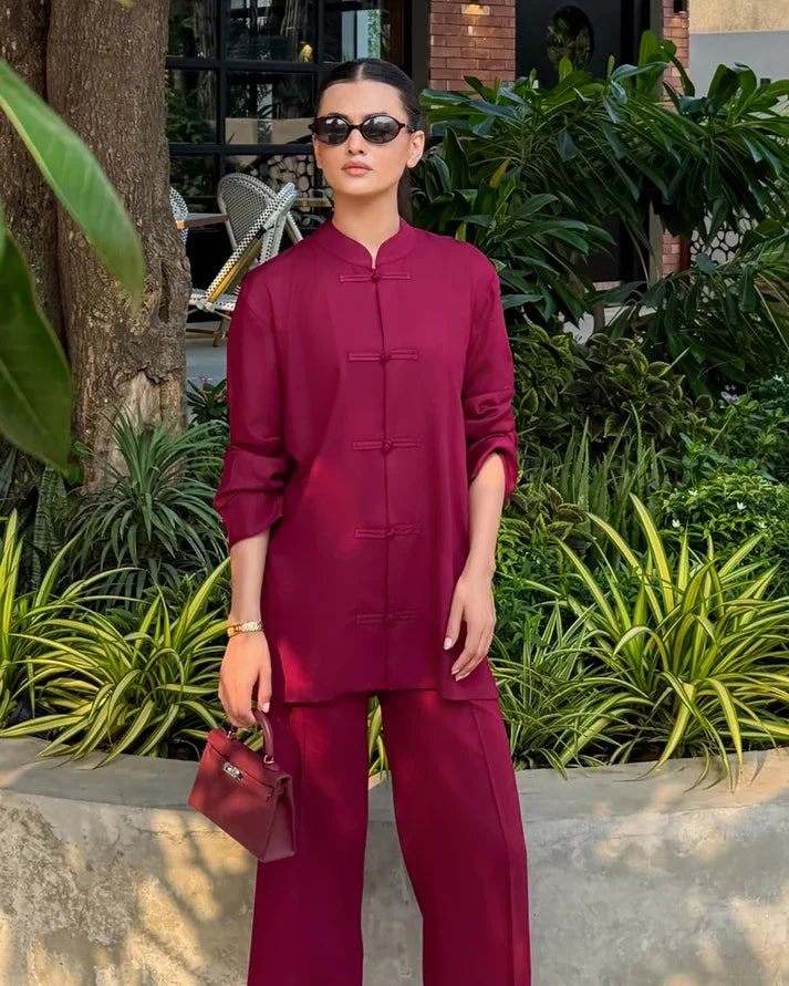 Burgundy Mandarin Collared Set | New Arrivals | LIRA