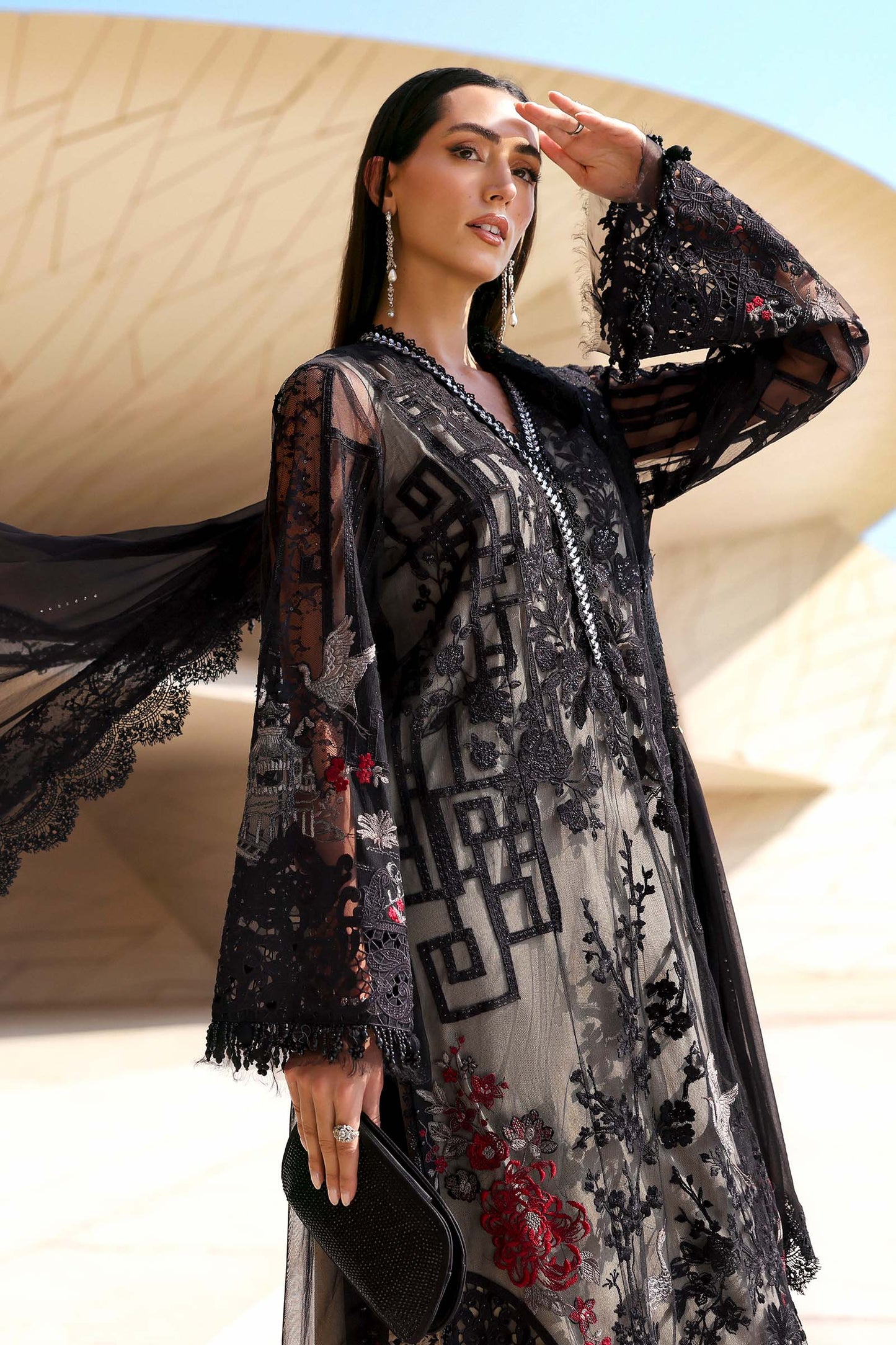 3 Piece Unstitched Embroidered Net Suit In Stock BARCODE:D-2607-B