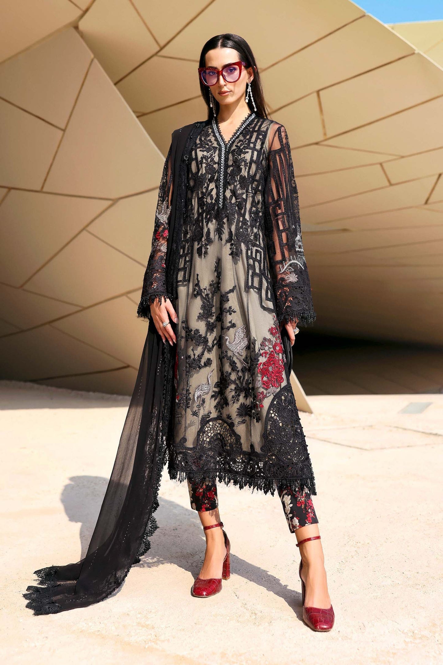 3 Piece Unstitched Embroidered Net Suit In Stock BARCODE:D-2607-B