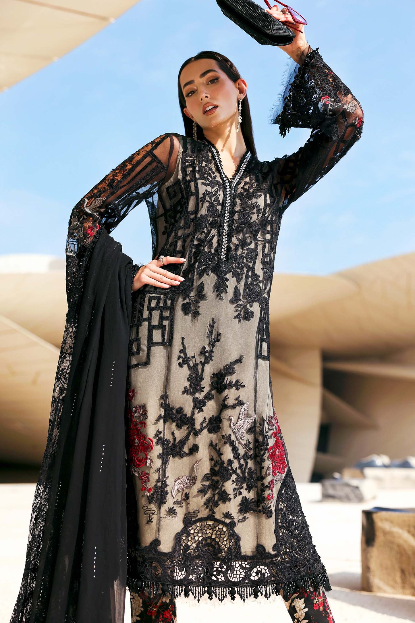3 Piece Unstitched Embroidered Net Suit In Stock BARCODE:D-2607-B