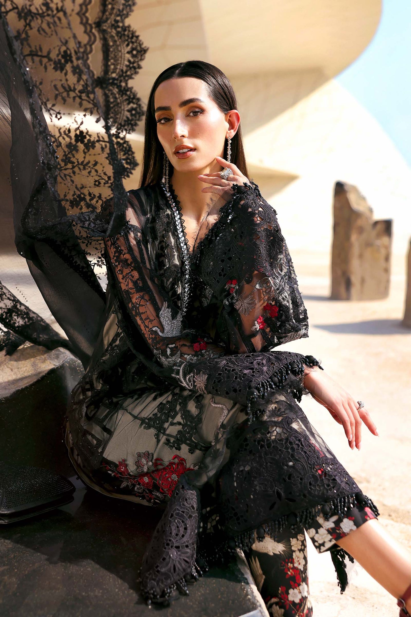 3 Piece Unstitched Embroidered Net Suit In Stock BARCODE:D-2607-B