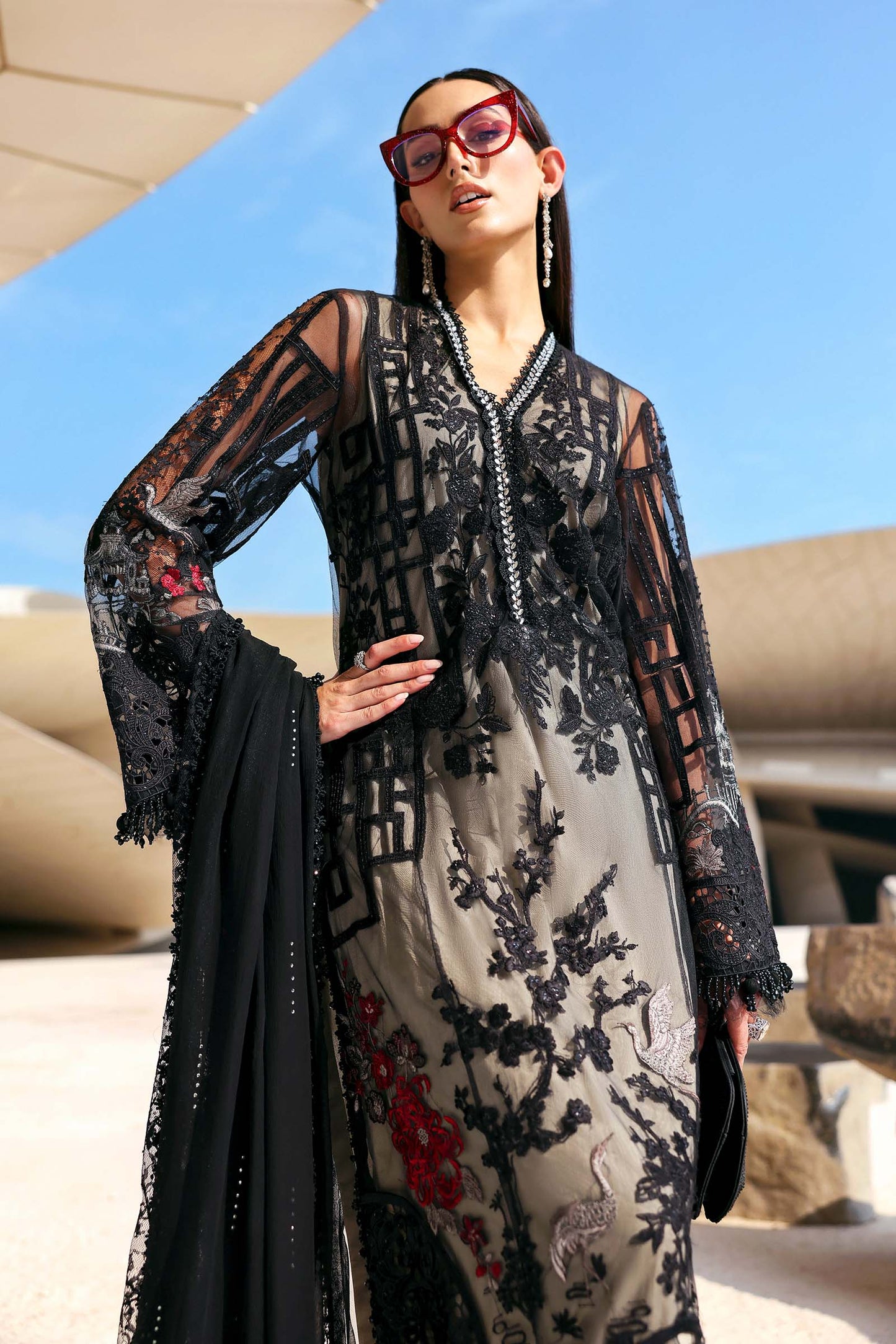 3 Piece Unstitched Embroidered Net Suit In Stock BARCODE:D-2607-B