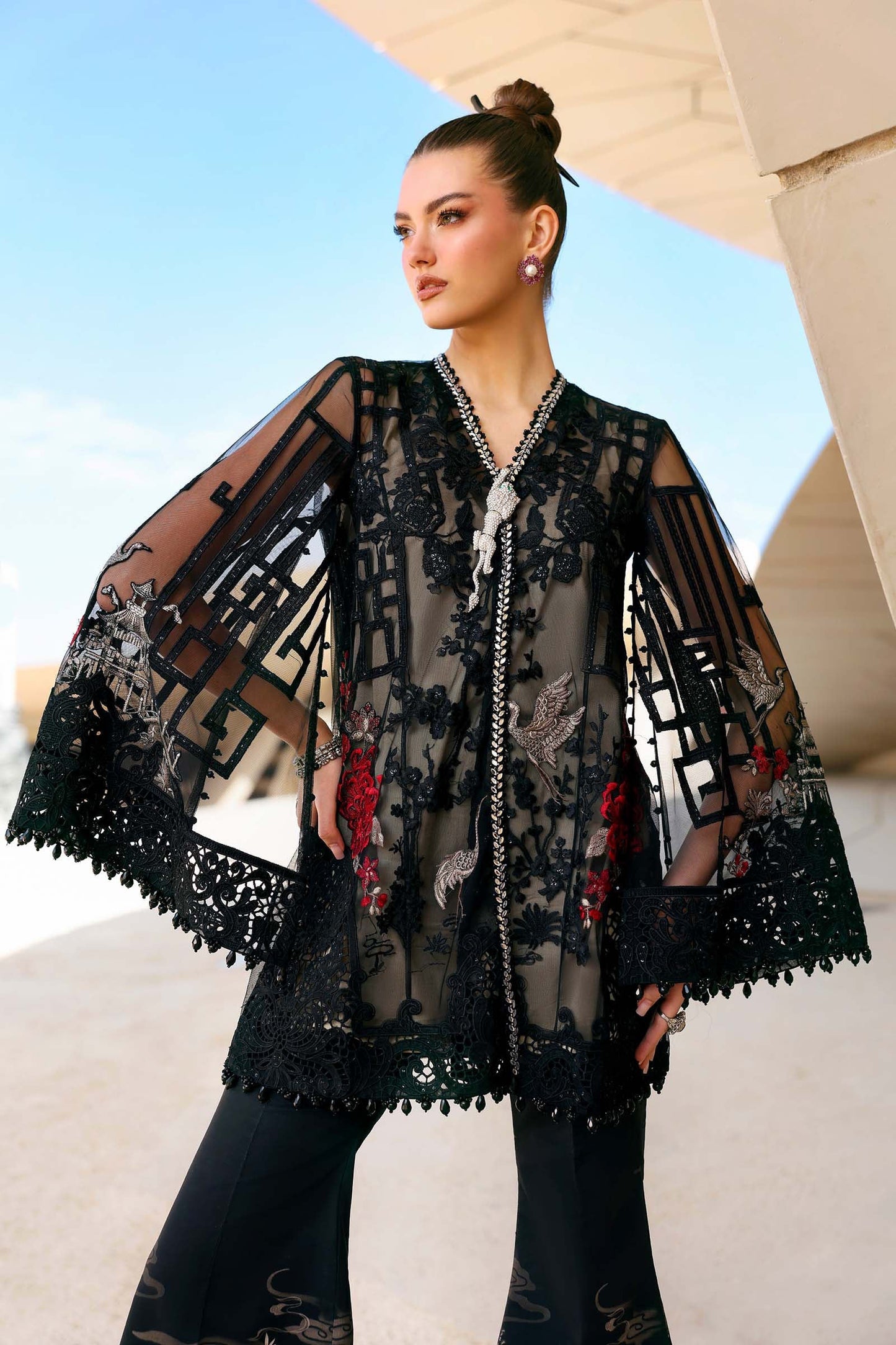 3 Piece Unstitched Embroidered Net Suit In Stock BARCODE:D-2607-B