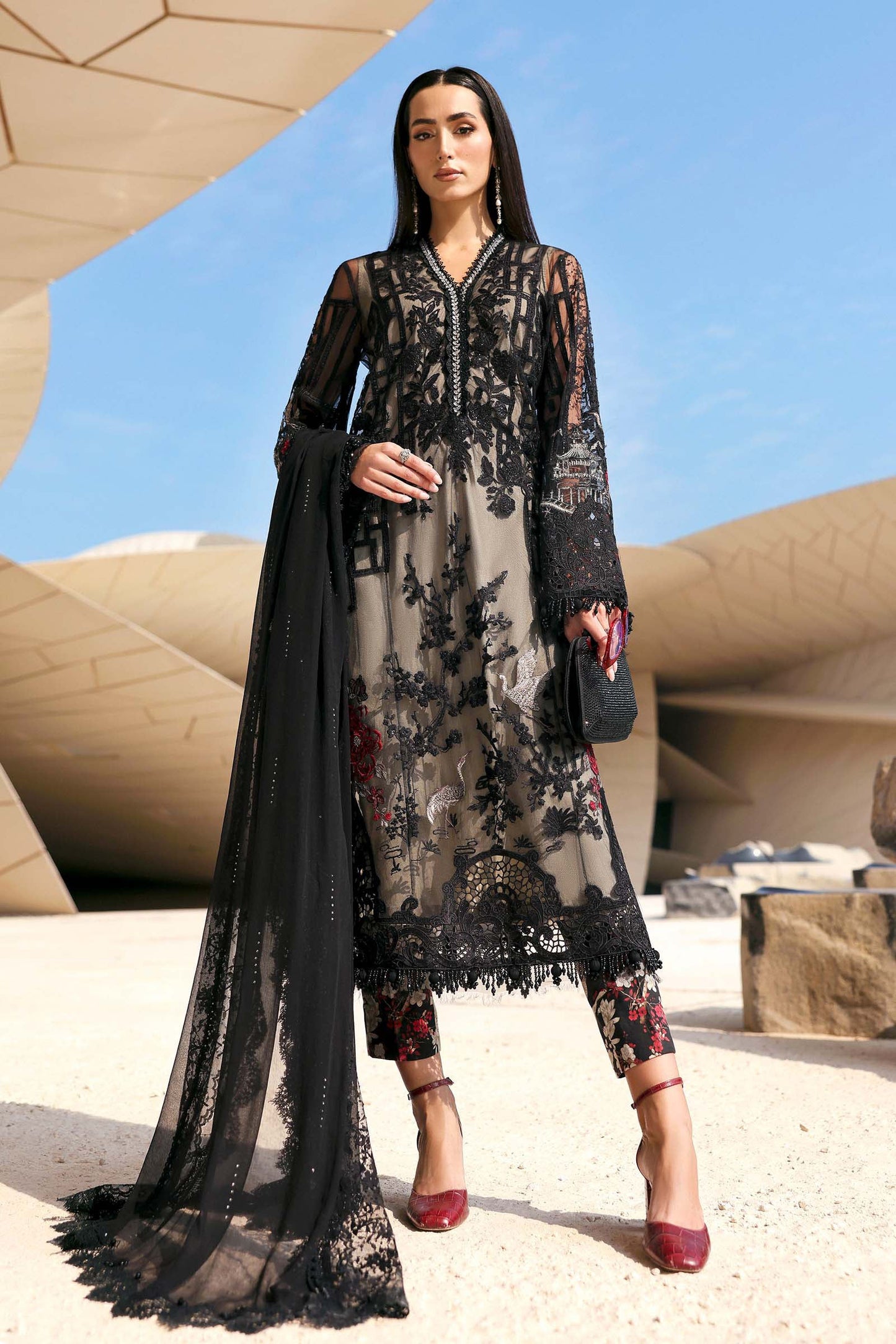 3 Piece Unstitched Embroidered Net Suit In Stock BARCODE:D-2607-B