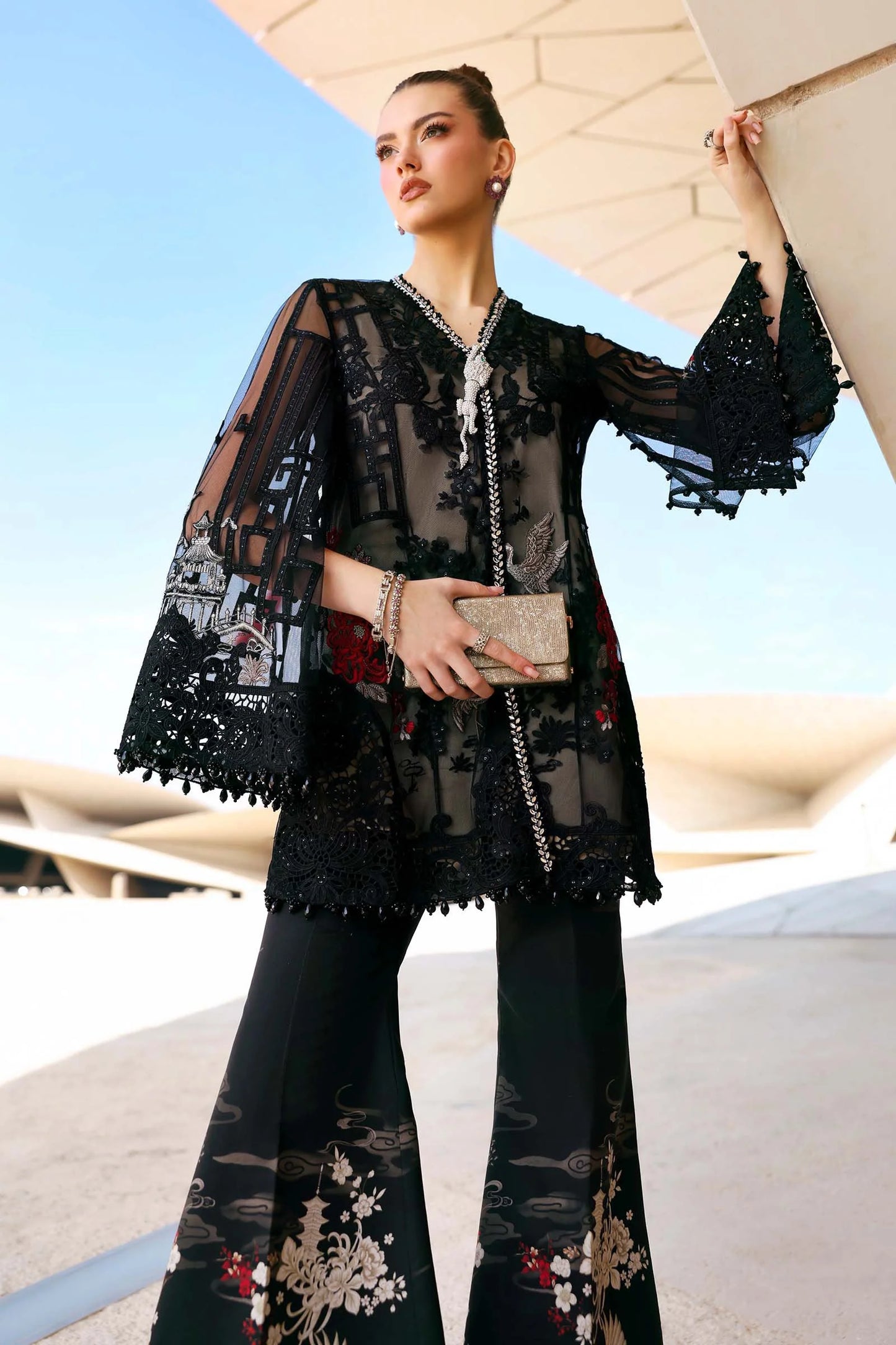 3 Piece Unstitched Embroidered Net Suit In Stock BARCODE:D-2607-B