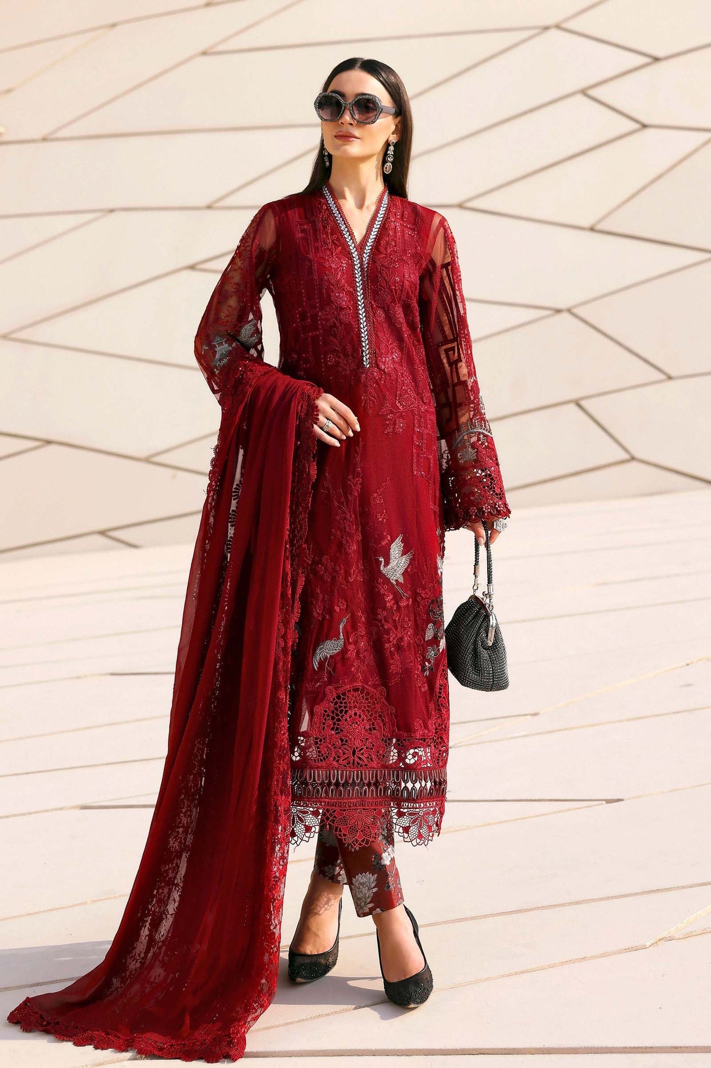 3 Piece Unstitched Embroidered Net Suit In Stock BARCODE:D-2607-A