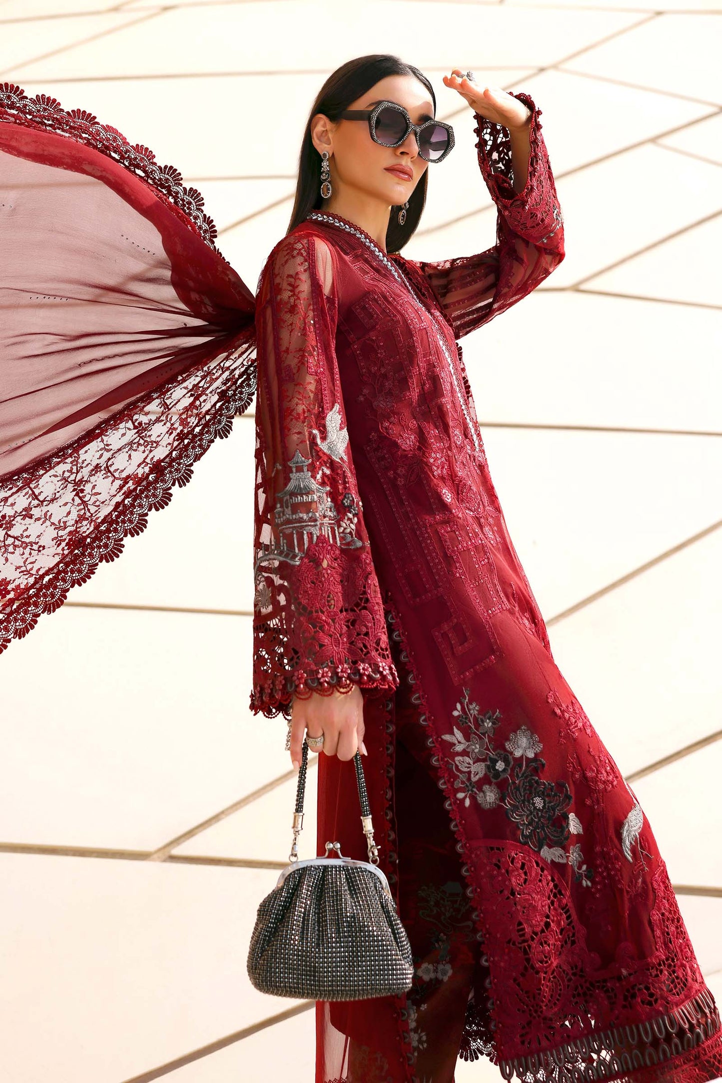 3 Piece Unstitched Embroidered Net Suit In Stock BARCODE:D-2607-A